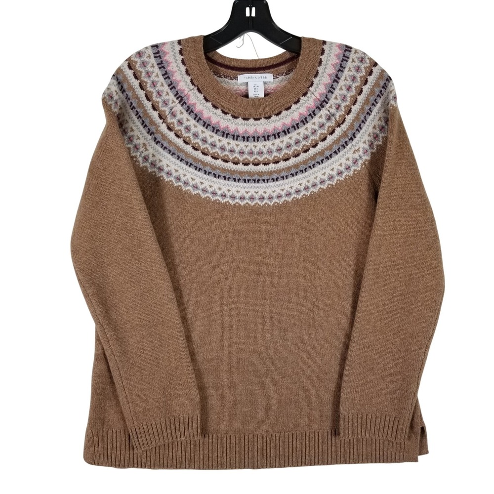 Tabitha Webb Sweater Women Large Brown Wool Blend Fair Isle Yoke Crew Neck Knit